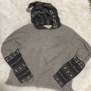 Vintage Eddie Bauer 100% lambs wool gray hooded fringe sweater